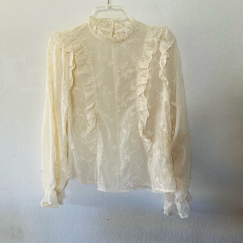 iris Ivory Sheer Ruffle Embroidered Blouse